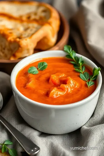 Sautéed Tomato Bisque with Creamy Twist presentation